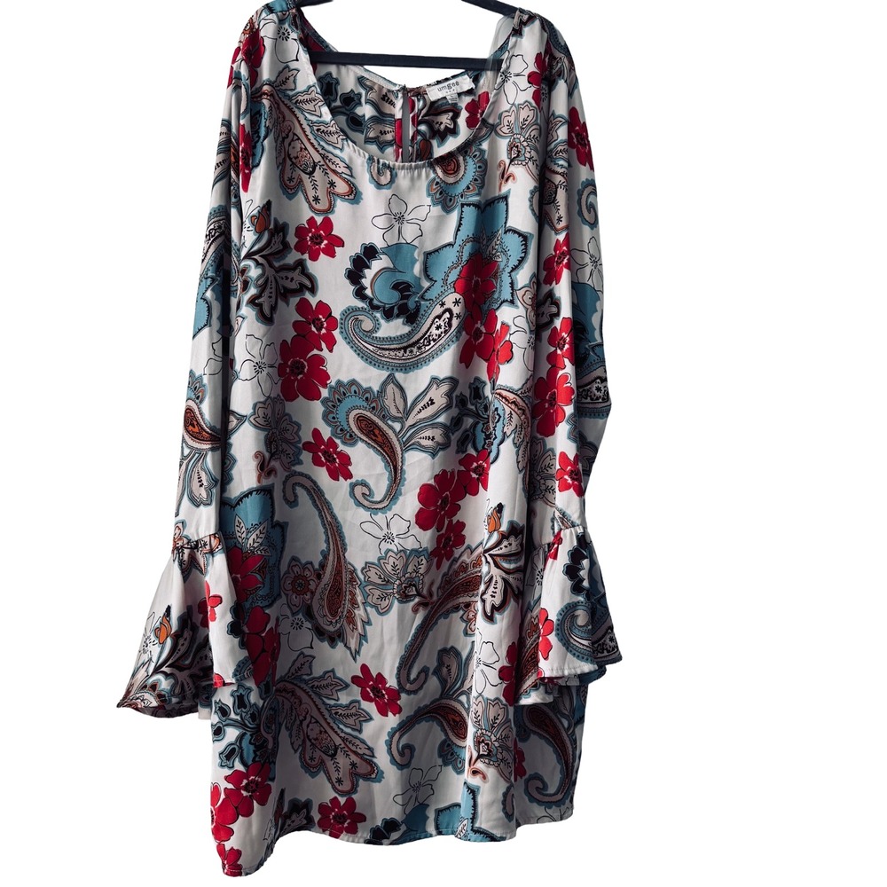 Umgee Sz Large Cream Floral Paisley Bell Sleeve Boho Tunic Dress Red Blue Black